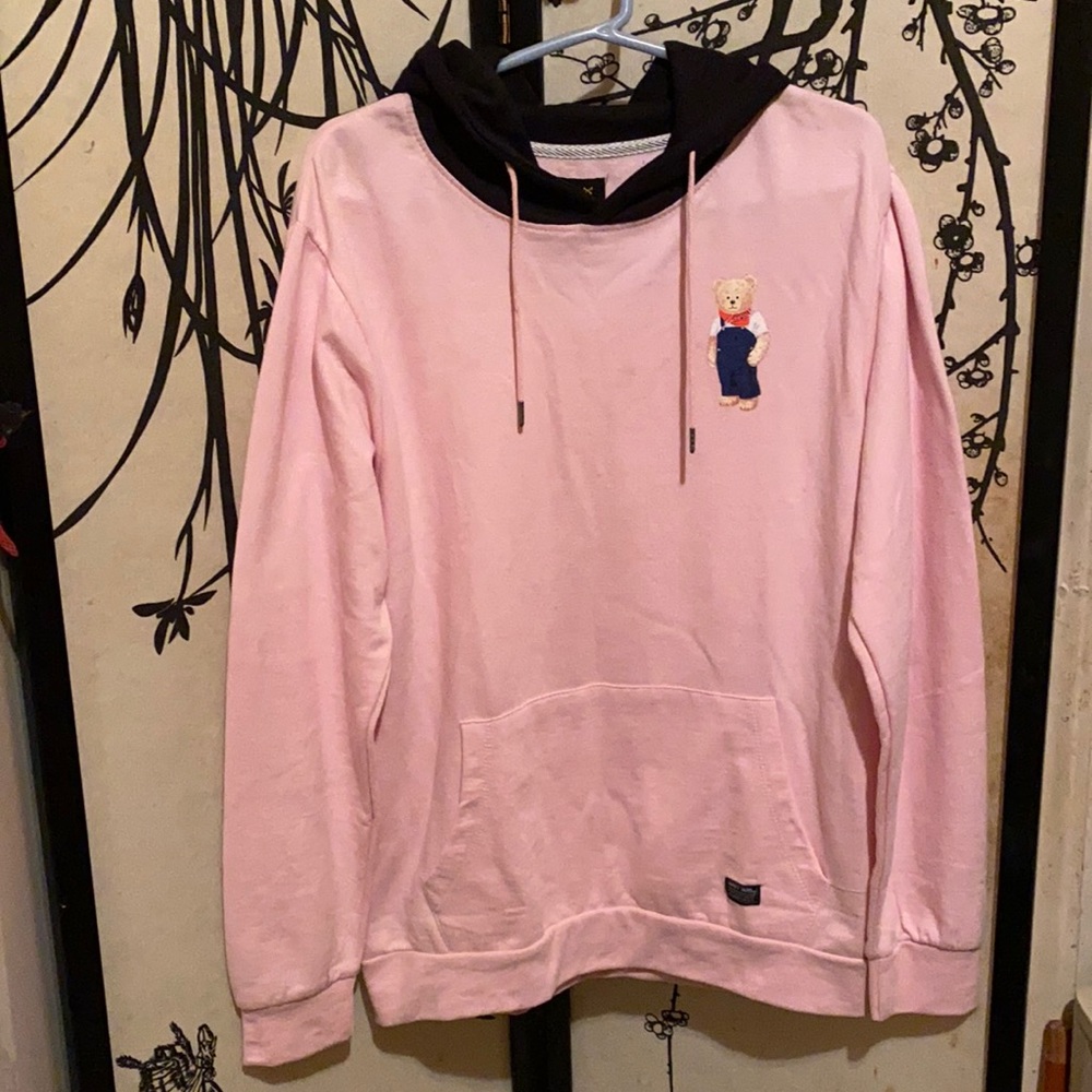 Navy Yard Men’s Pink/Black Teddy Bear  Graphic Logo Hoodie Retro Sweatshirt